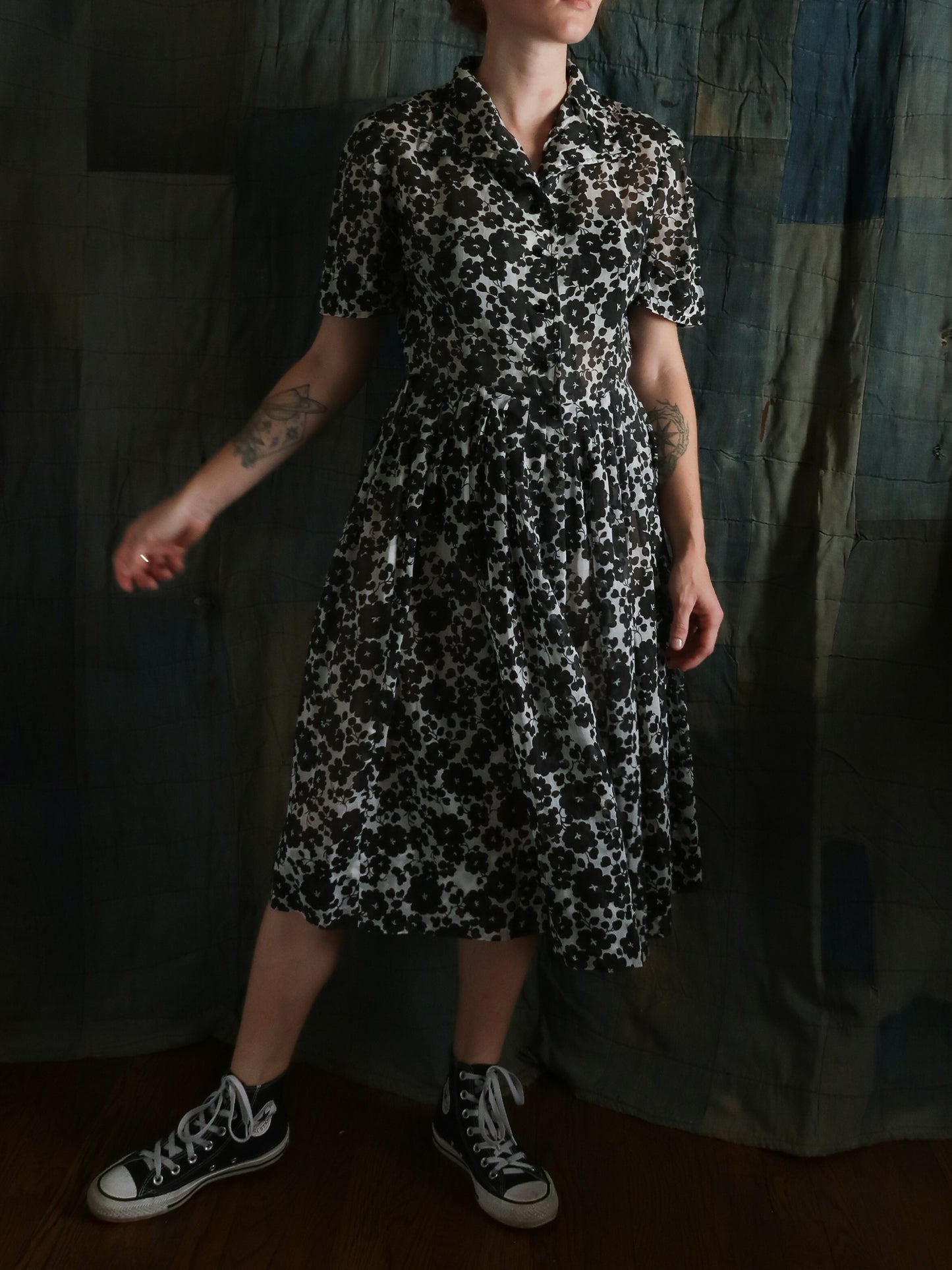 1950s Handmade Sheer Black Floral Dress Size S/M