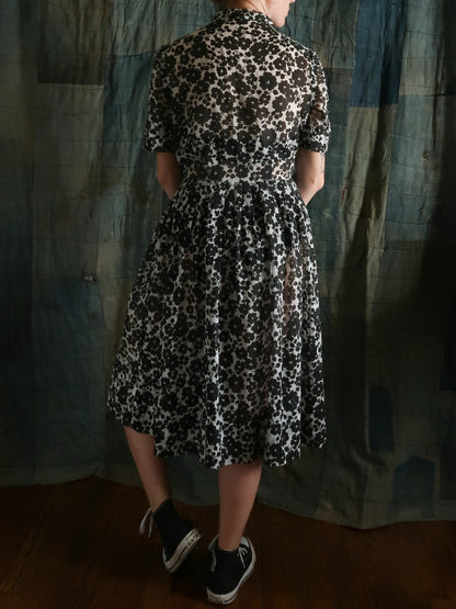 1950s Handmade Sheer Black Floral Dress Size S/M